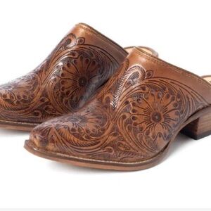 Myra Bag Tan Floral Embossed Mules